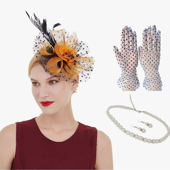 Fascinator Orange /Black Fascinator with Gloves and Pearl Jewelry Set hat - Picture 1 of 9